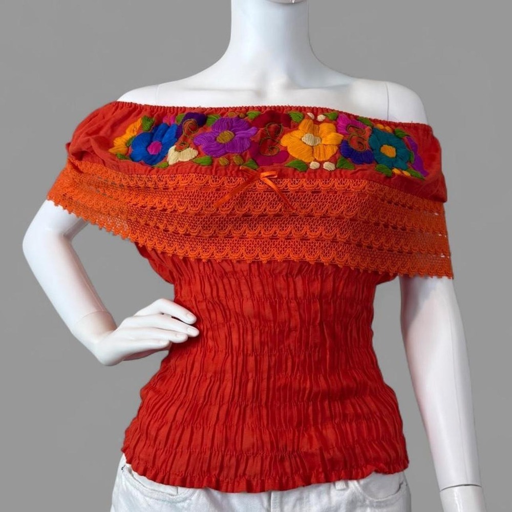 Boho Embroidered Off Shoulder Peasant Top Floral Smocked Orange S M